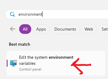 Search "environment" in Windows Search, then select "Edit the system environment variables"